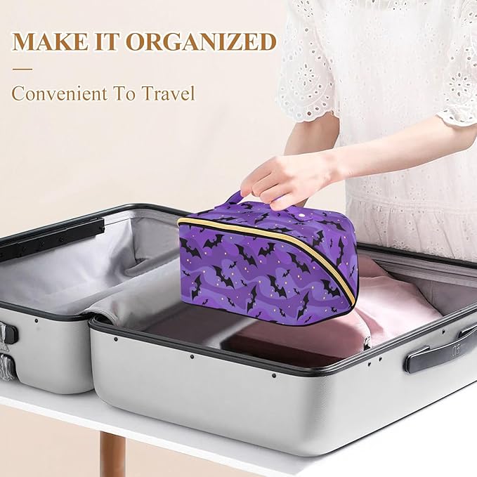 MNSRUU Makeup Organizer Bag, Halloween Black Bats Night Sky with Stars Travel Makeup Bags Makeup Vanity Case Large Capacity Rhombus Cosmetic Toiletry Bag for Girl Women Ladies