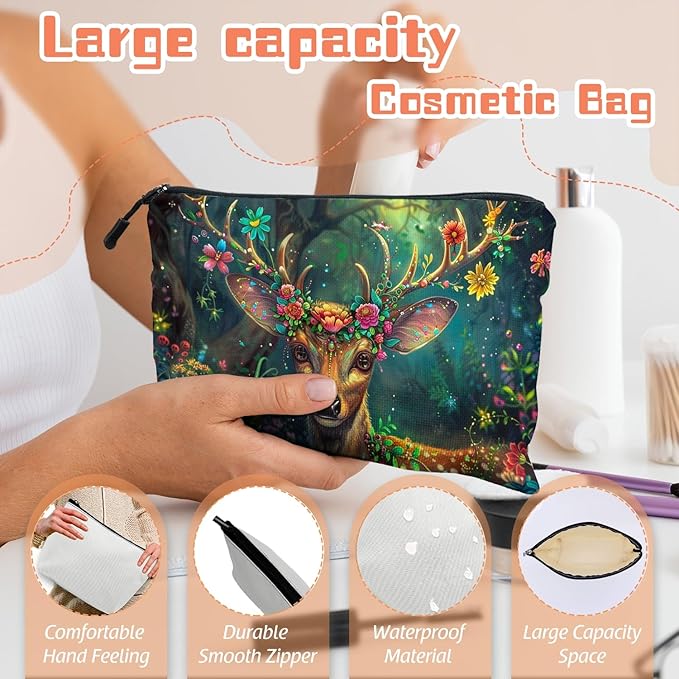 Scribesense Cosmetic Bags Travel Makeup Toilet Case Waterproof Pouch for Women Girls 6.7X9.45inches - Deer'S Graceful Look With Blooming Antlers