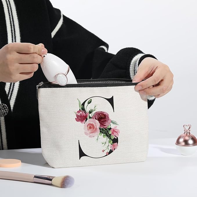 KDXPBZ Initial Makeup Bag - Personalized Cosmetic Bag for Women, Bridesmaid & (Letter S)