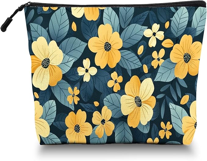 Scribesense Cosmetic Bags Travel Makeup Toilet Case Waterproof Pouch for Women Girls 6.7X9.45inches - Pattern of Yellow Flowers on A Dark - Teal Background