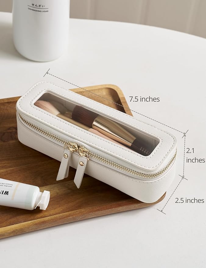 Popvibe Slim Makeup Brush Bag Travel Clear Toiletry Bag for Women Cute White Make Up Bag for Traveling Cosmetic Bag Organizer Waterproof Tansparent Beauty Makeup Case