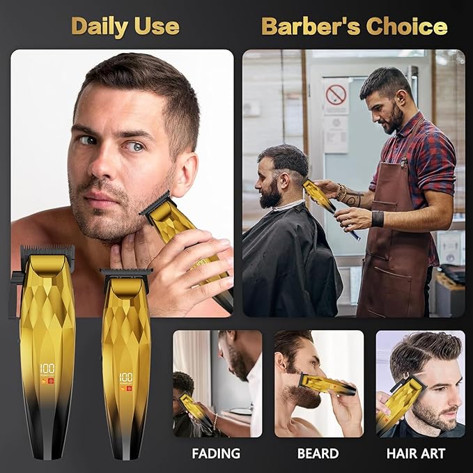 WAIKIL Professional Hair Clipper and Trimmer Set for Men, Cordless Barber Clippers with LED Display, Rechargeable Hair Cutting Kit for Hair, Beard and Grooming,Gold