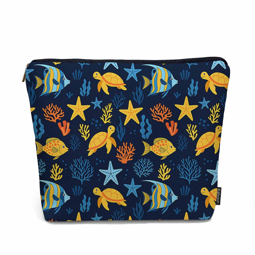 Kalygon Sea Animal Makeup Bags Makeup Organizer, Ocean Sea Turtle Starfish Seaweed Flax Toiletry Bags Travel Cosmetic Bag Makeup Purse Pouch Skincare Bag Wallet Bags For Women Female Mom Daughter