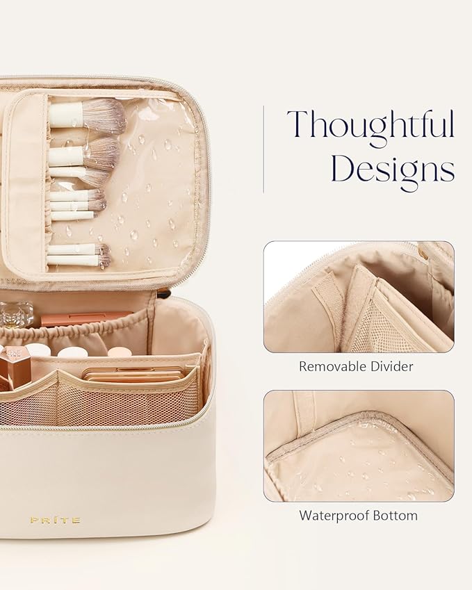 Prite Makeup Bag Travel Cosmetic Case, Women Toiletry bag Organizer, Beige