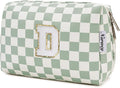 Narwey Birthday Gifts for Teen Girls Women Personalized Initial Checkered Makeup Bag Preppy Cosmetic Bag Trendy Stuff 6 8 10 11 12 13 14 16 18 Years Old Travel Toiletry Bag (Green Letter D)