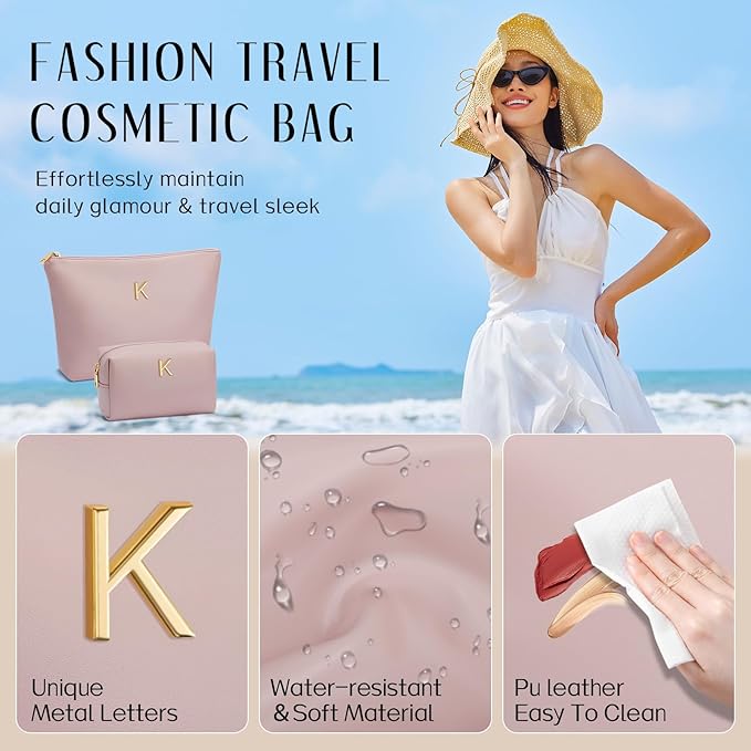 Women Gifts | Initial Makeup Bag Set for Girl Personalized Gifts for Bridesmaid Friend Graduation Teachers PU Leather Cosmetic Travel Toiletry Bag(Pink,K)