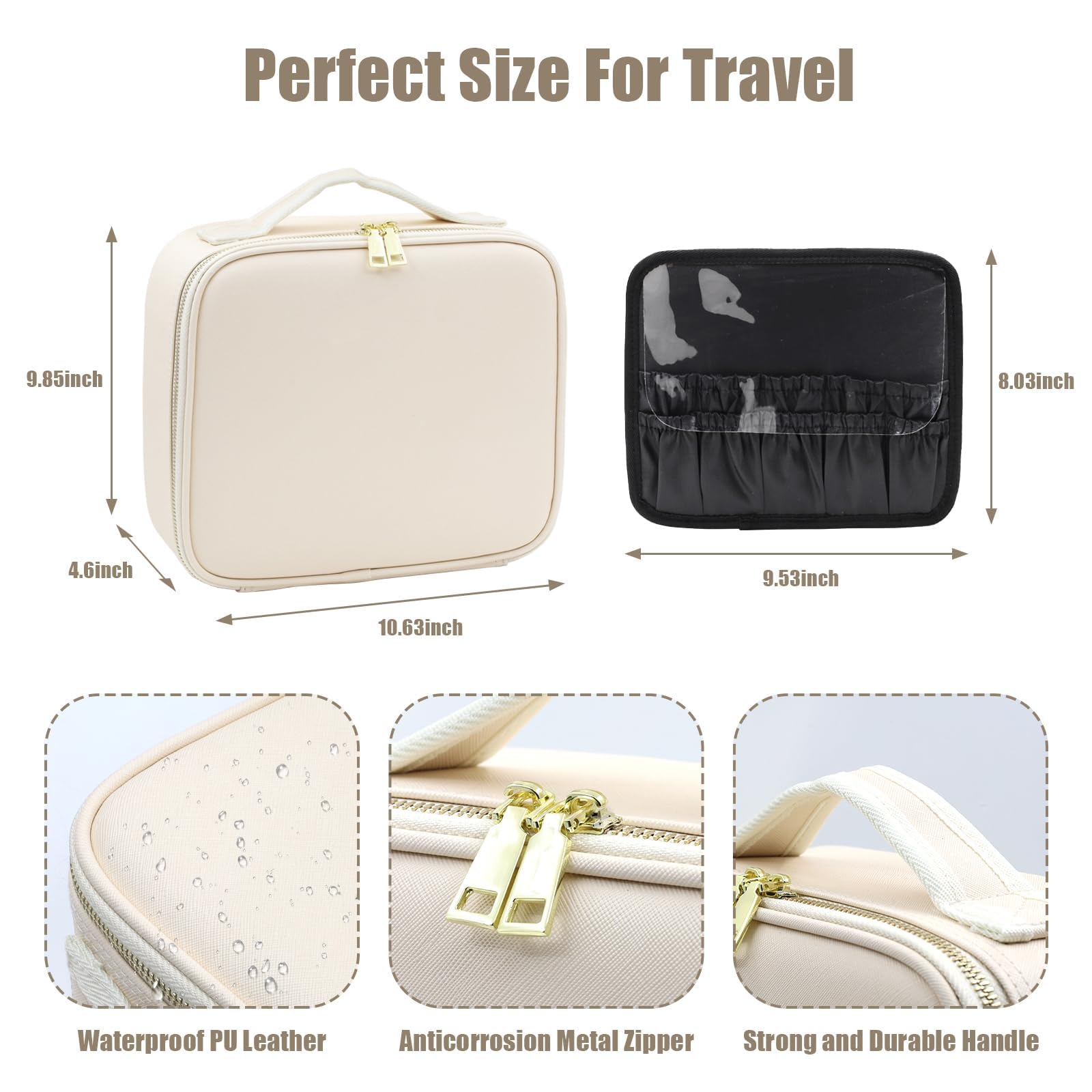 Jadazror Portable Travel Makeup Bag with Lighted Mirror, 3 Color Brightness, Beige