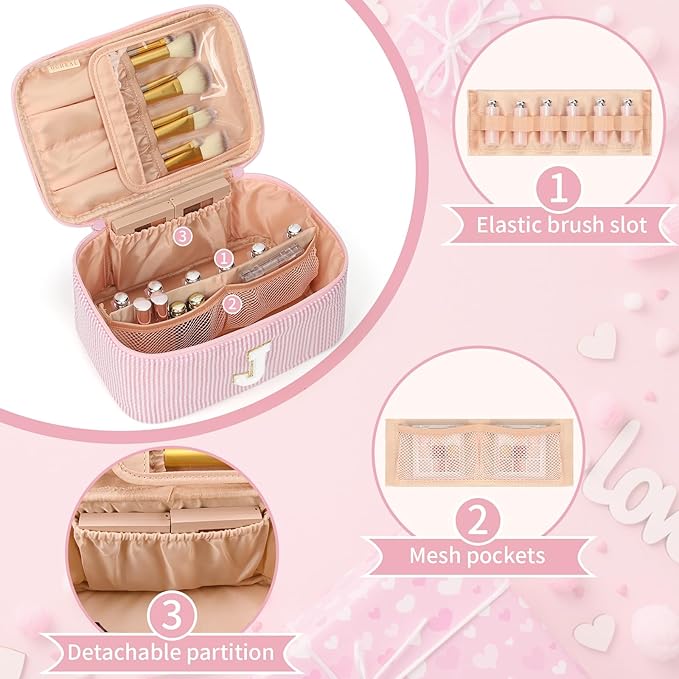 OCHEAL Makeup Bag for Women, Monogram Cosmetic Bag with Brush Holder, Pink Travel Makeup Case Beauty Toiletry Bag Organizer Personalized Gifts for Girls Bridesmaid, Sister, Wife, Friends Initial J