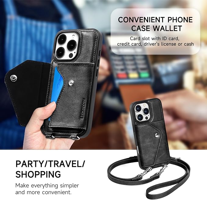 LUCKYCOIN Crossbody Phone Case for iPhone 16 Pro,100% Genuine Leather Phone Wallet Case for Women, Premium Hands-Free Phone Purse with Expandable Flip Card Holder & Adjustable Strap - Retro Black