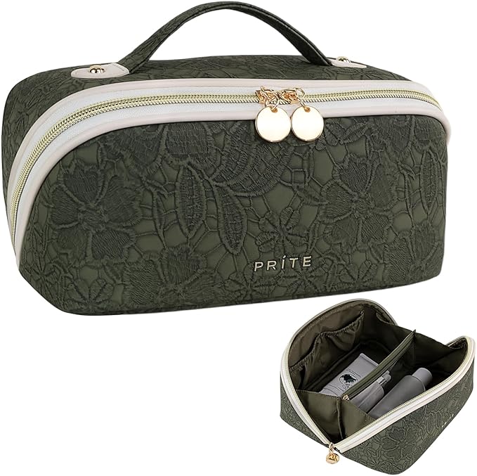 Prite Makeup Bag Travel Toiletry Bag Open Flat Cosmetic Organizer for Women