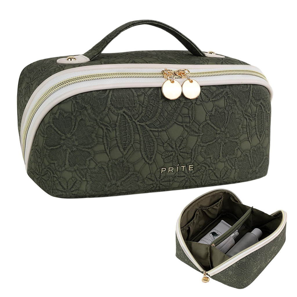 Prite Makeup Bag Travel Toiletry Bag Open Flat Cosmetic Organizer for Women