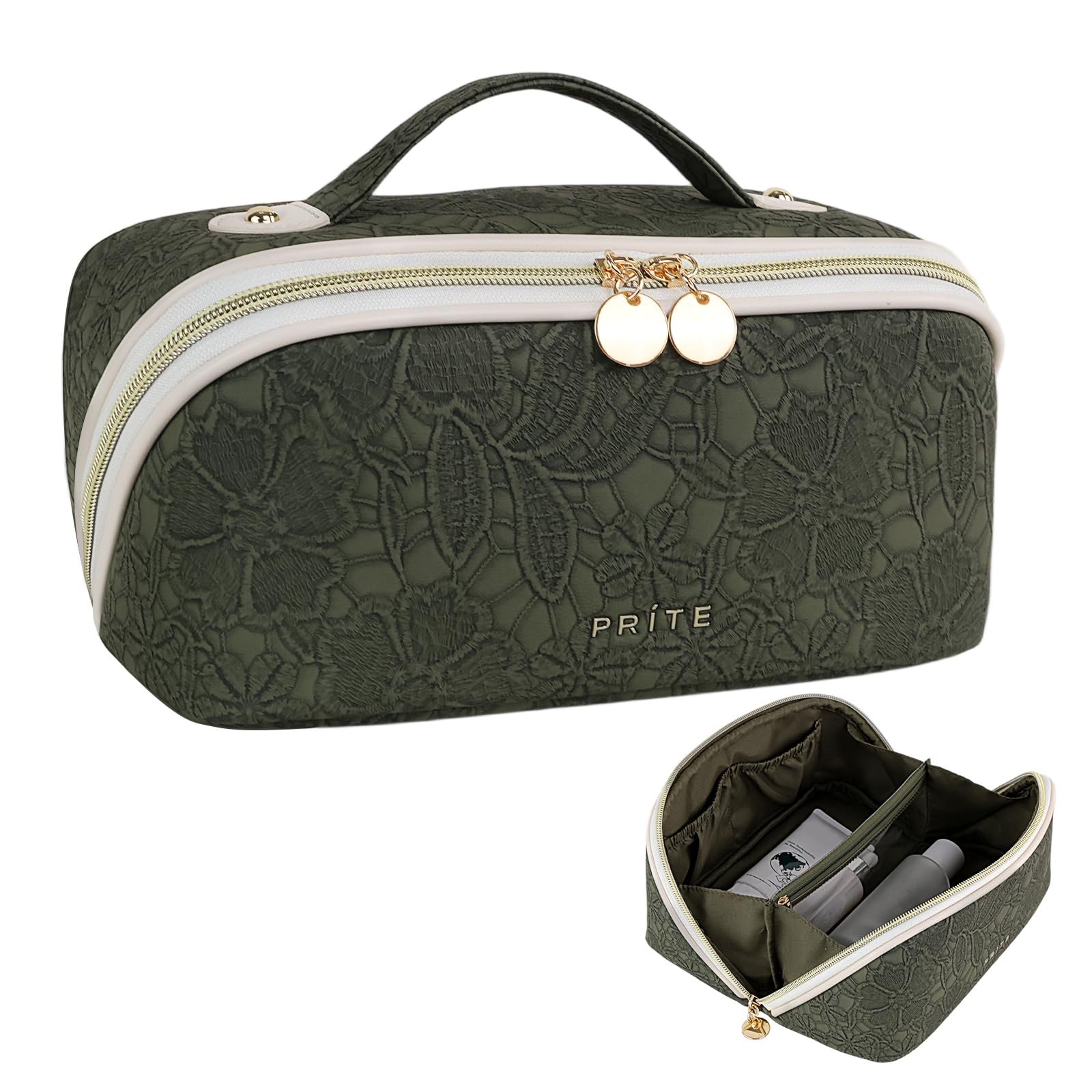 Prite Makeup Bag Travel Toiletry Bag Open Flat Cosmetic Organizer for Women