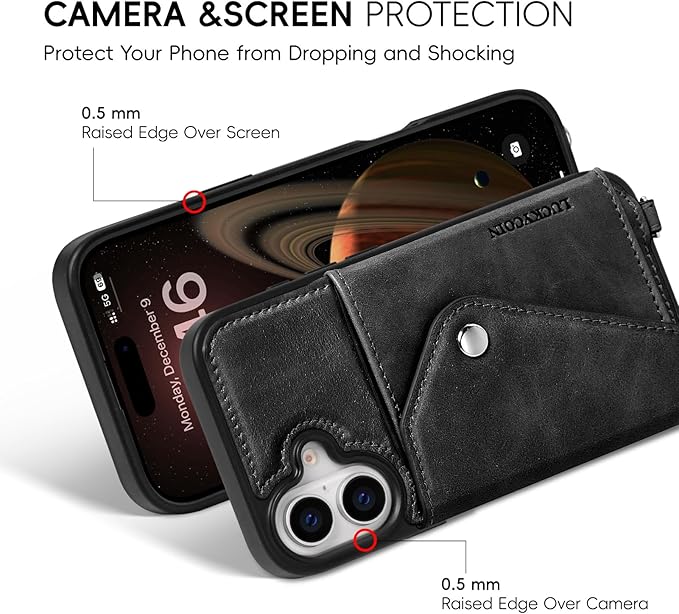 LUCKYCOIN Crossbody Phone Case for iPhone 17,100% Genuine Leather Phone Wallet Case for Women, Fashion Premium Hands-Free Phone Purse with Expandable Flip Card Holder & Adjustable Strap - Retro Black