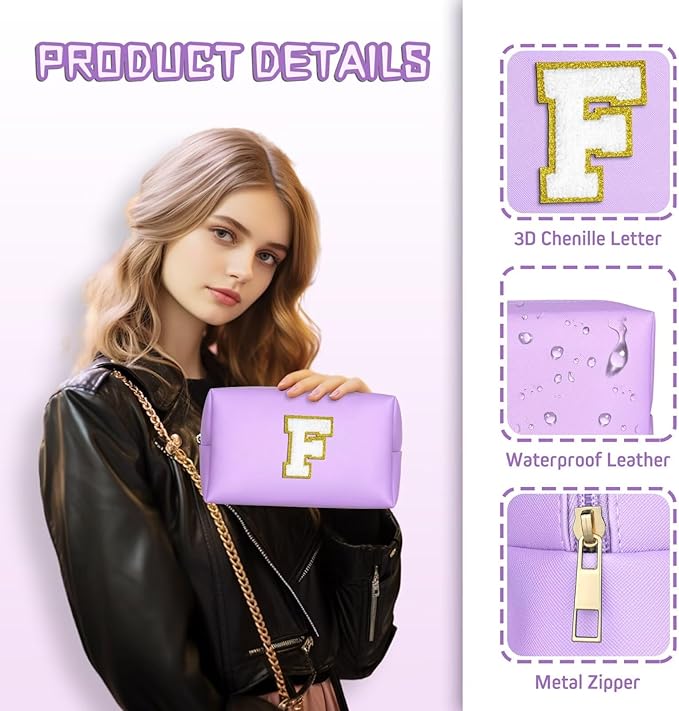 TOPEAST Birthday Gifts for Girls, Travel Makeup Bag Chenille Letter Pouch Cosmetic Bag, Makeup Travel Organizer, Monogrammed Bridesmaid Gifts for Women, Cute Stuff for Girls (Purple J)