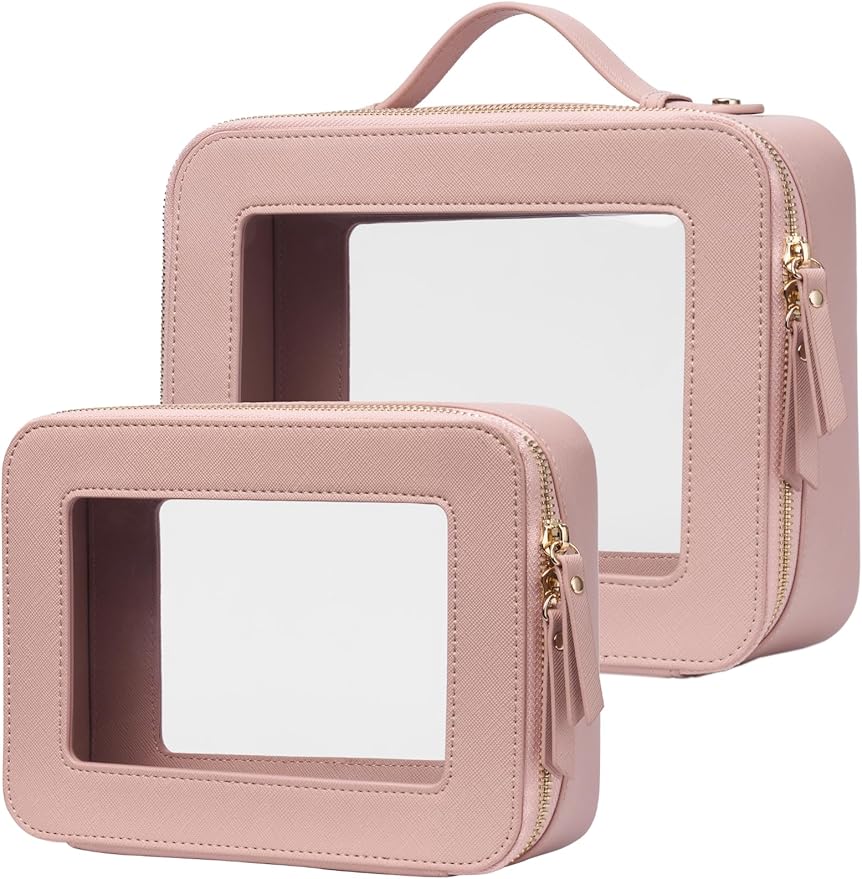 Popvibe Clear Makeup Bag Travel Cosmetic Case Toiletry Bag with Zipper Make Up Case Traveling, Stone, Medium and Large