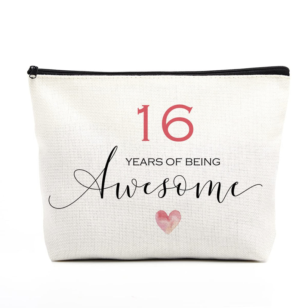 Fkovcdy 16th Birthday Makeup Bag for Girls - Inspirational Sweet 16 Gift for Daughter, Niece - Happy Birthday Decorations - 16 Years of Being Awesome