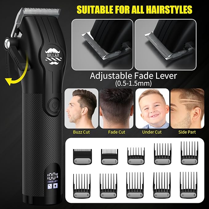 BILLAR® Cordless Barber Kit, Professional Hair Clipper Set with Trimmer and Foil Shaver, Rechargeable Haircut Grooming Tools for Men Barbers, Blackk