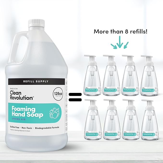 Clean Revolution Foaming Hand Soap Refill with Real Essential Oils, Moisturizing Sulfate-Free Hand Soap, Ready-to-Use Foam Soap Refill for Kitchen & Bathroom, Spring Air (128oz, 4 Pack)