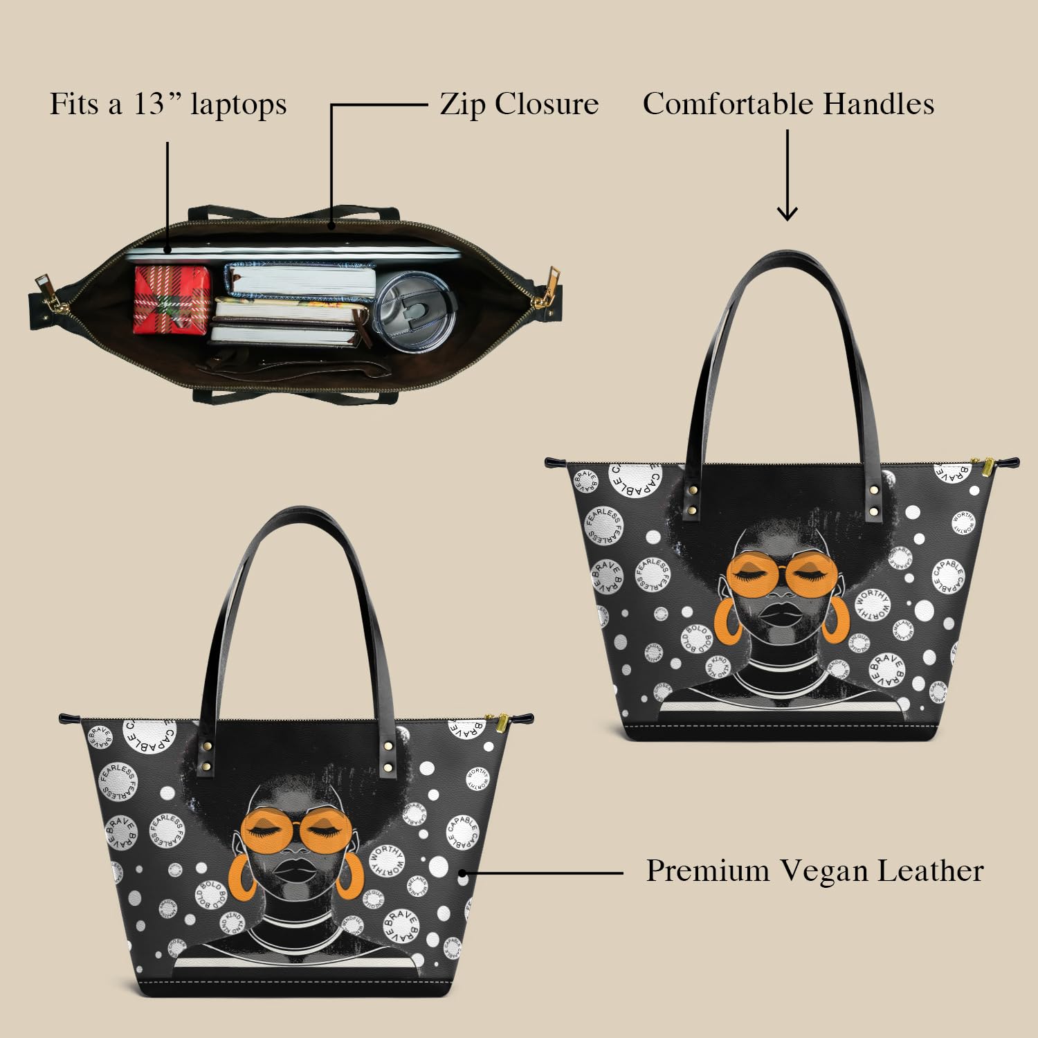 Afroyla African Black Women's Leather Tote Bag, Large Size, Premium Leather, Perfect Presents For Women (Fahari, Premium Vegan Leather)