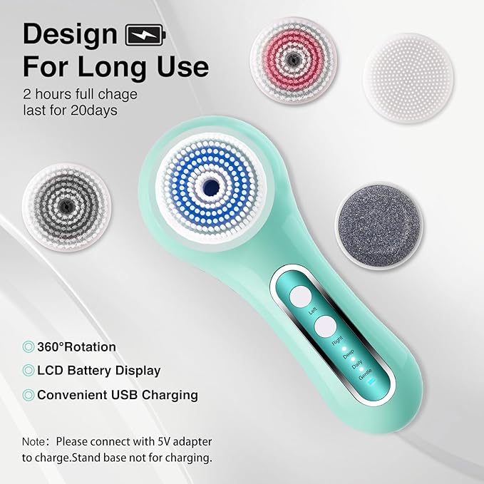 UMICKOO Electric Facial Cleansing Brush, 2-Way Rotating Face Scrubber for Daily & Deep Cleaning, 3 Modes, 5 Brush Heads, Rechargeable, IPX7 Waterproof for All Skin Types