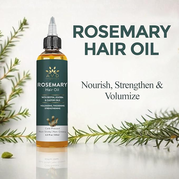 AVD ORGANICS Rosemary Oil for Hair Growth & scalp | Infused with Biotin | Hair Strengthening, Nourishing and Volumizing | infused with Jojoba & Castor Oil | NON - GMO 120ml
