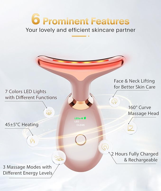 MCSYPOAL 7-in-1 Deplux Face Neck Massager for Daily Skin Care Routine, Portable Facial Massager, Skin Care Tool, Rose Gold