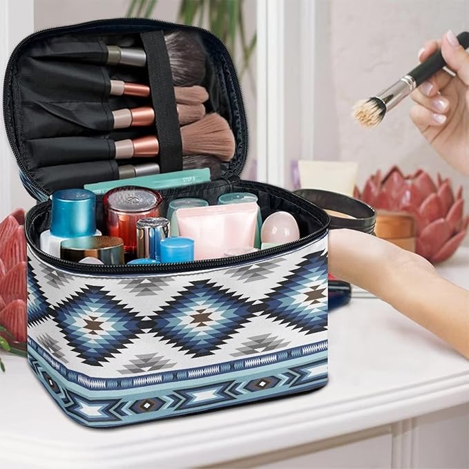 Drydeepin Western Makeup Bags for Woment Tribal Ethnic Tribal Aztec Navajo Portable Cosmetic Travel Bags with Zipper and Carry Handle Large Capacity Toiletry Case Organizer Storage Pouch