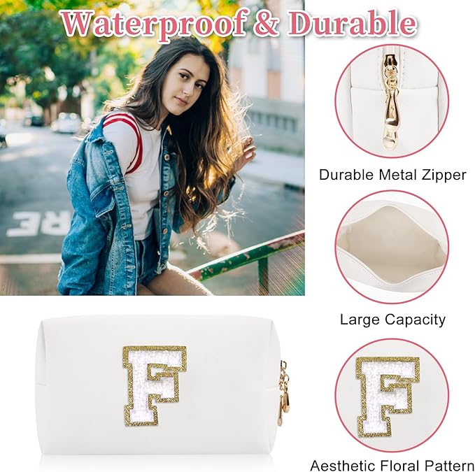 Personalized Initial Letter Patch Makeup Bag, Preppy Portable Chenille Letter Cosmetic Bag with Zipper, PU Leather Waterproof Travel Toiletry Bag Monogram Make Up Pouch for Women Girls(Letter F)