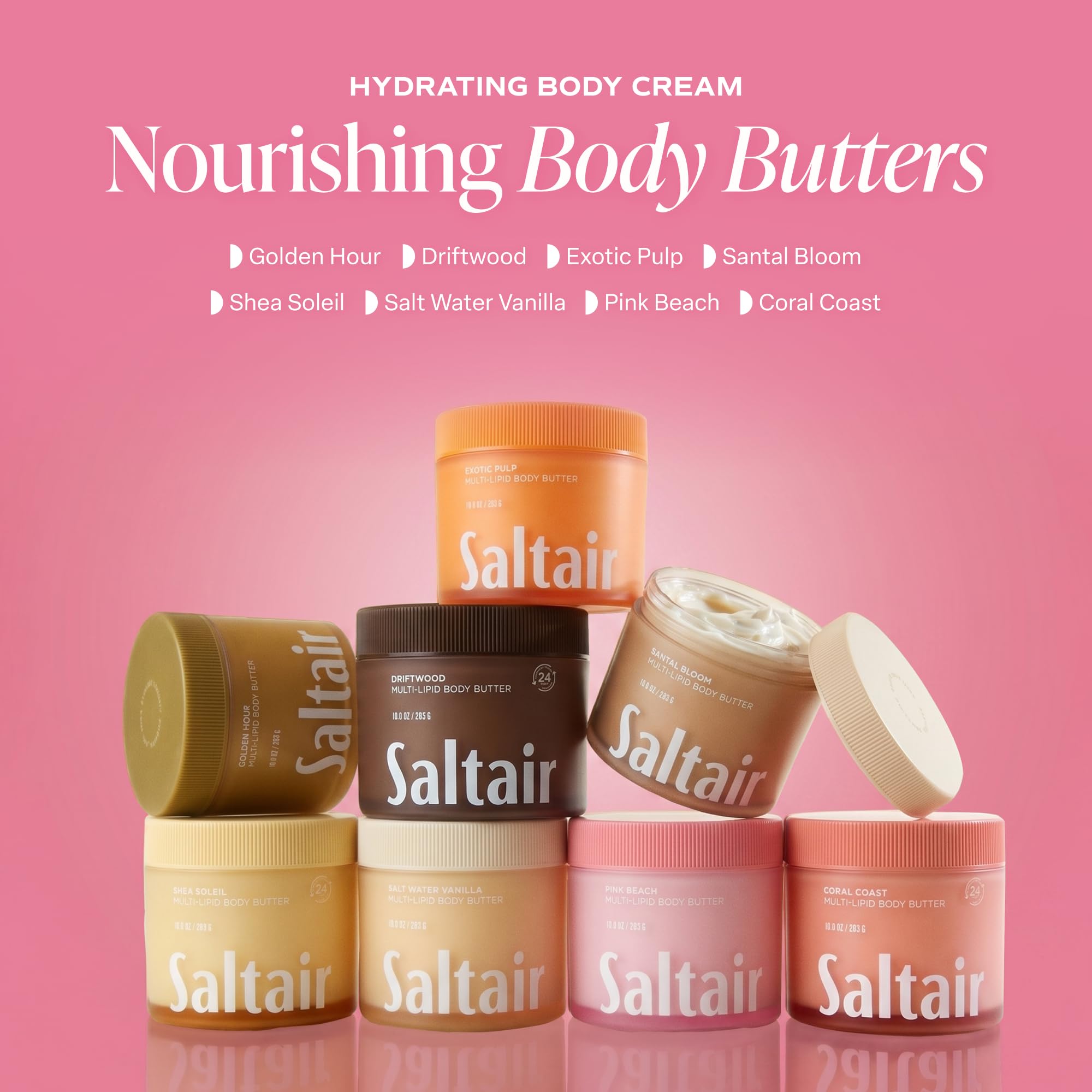 Saltair Multi-Lipid Body Butter – Hydrating 24-Hour Moisture – Body Cream for Soft Skin & Barrier Support – Ceramides, Coconut Oil & Shea Butter for Dry Skin Care – Pink Beach 10oz