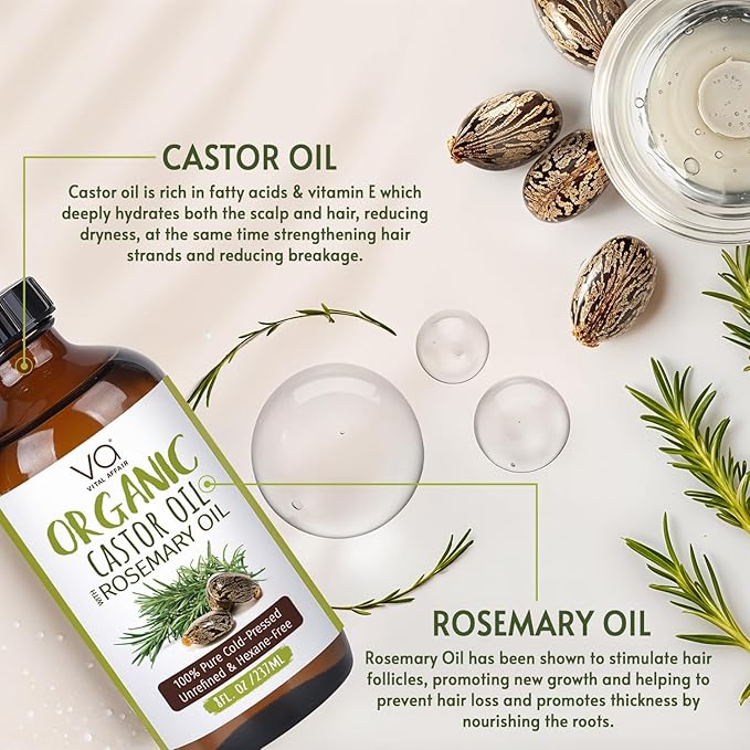 Organic Castor Oil with Rosemary Oil 8oz Glass Bottle For Hair Growth