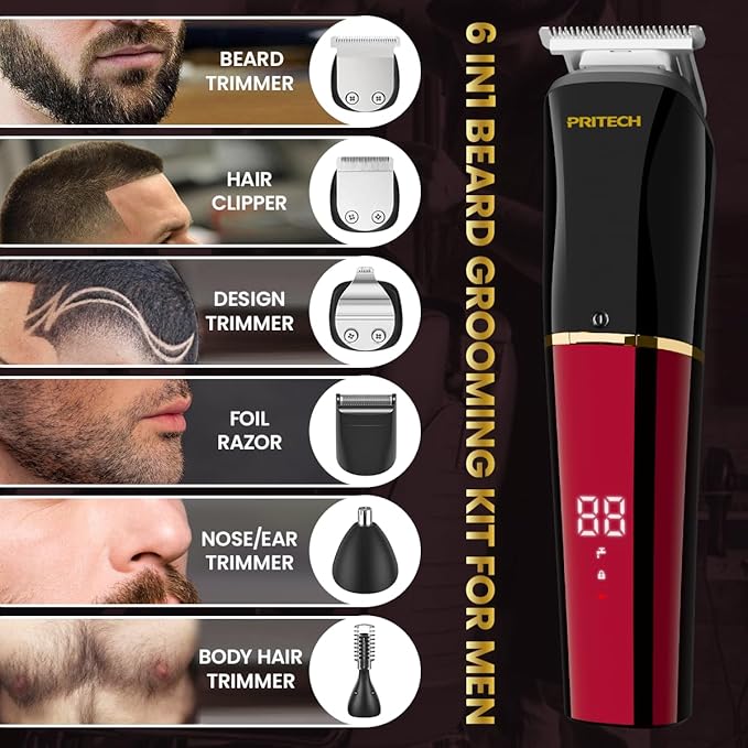 PRITECH Men's Grooming Kit, 6-in-1 Beard Trimmer & Hair Clipper, Cordless