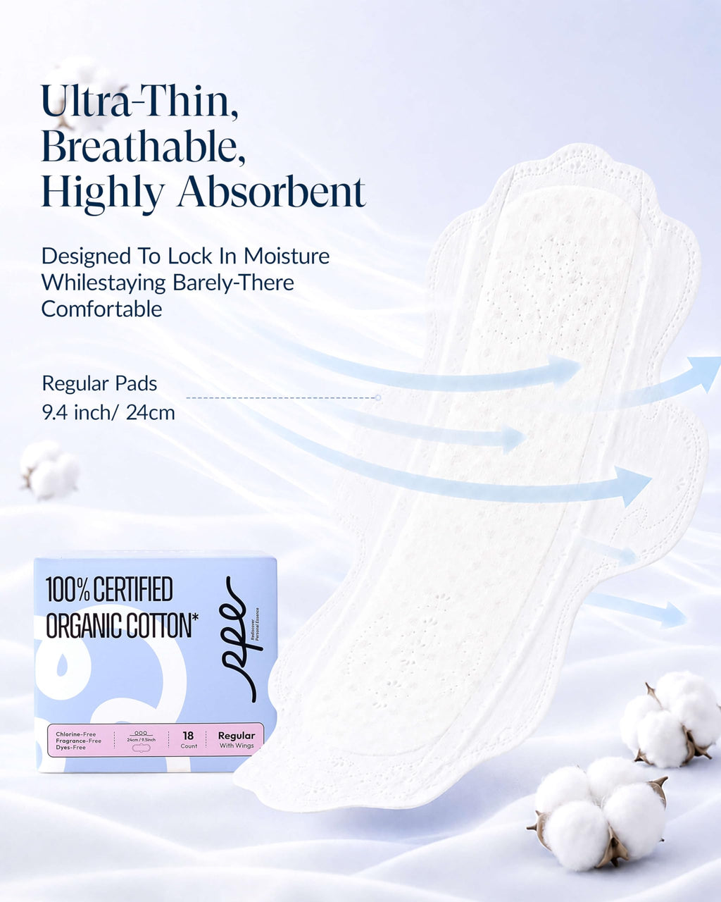 RPE Life 100% GOTS Organic Cotton Period Pads with Wings, Size 3, 18 Count