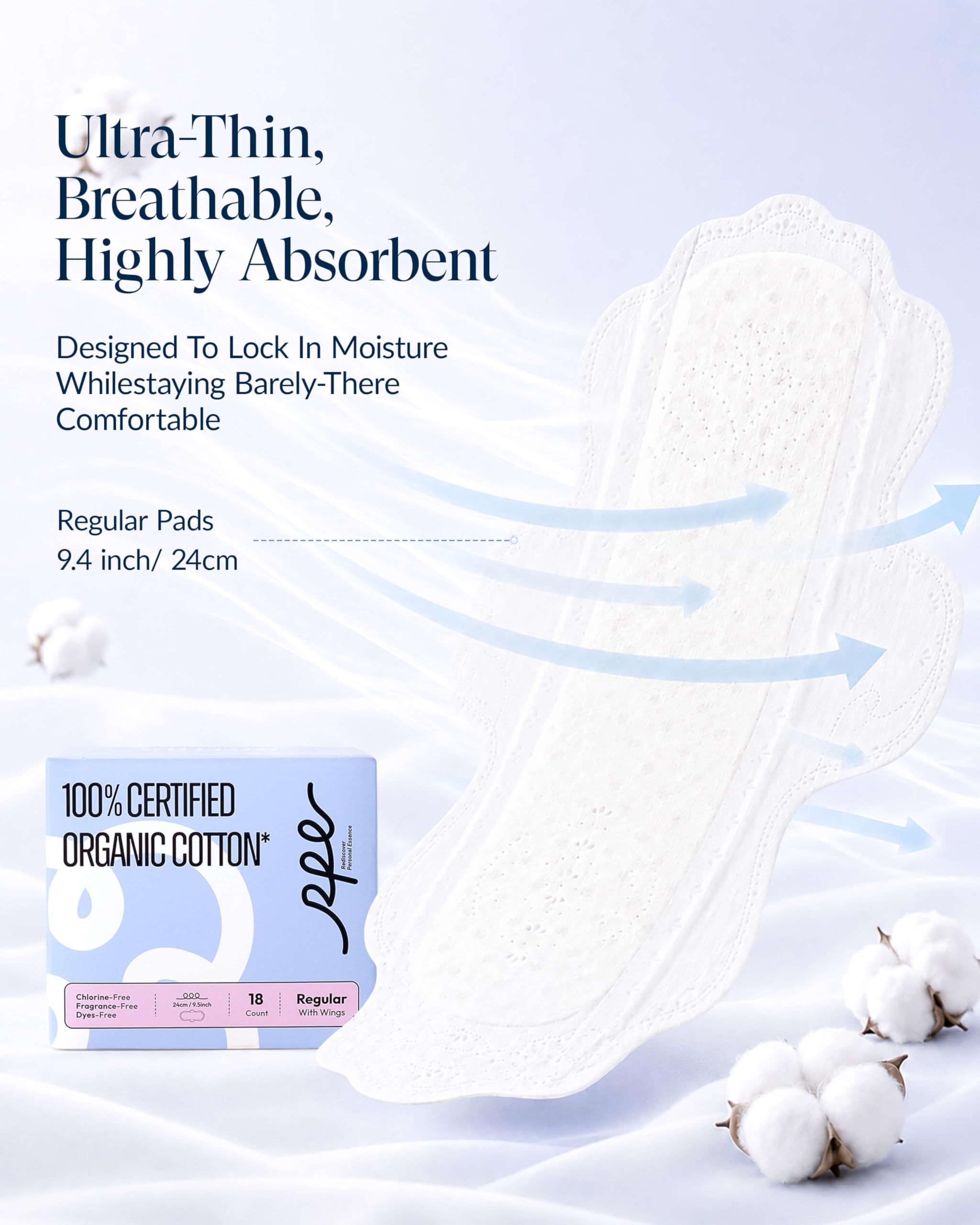 RPE Life 100% GOTS Organic Cotton Period Pads with Wings, Size 3, 18 Count