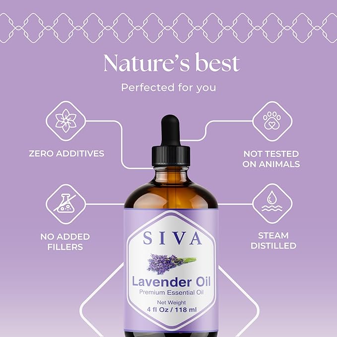 Siva Lavender Essential Oil, Glass Bottle with Dropper, 4 Fl Oz (118 ml)