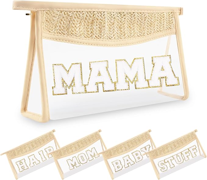 Small Boho Straw Clear Mama Makeup Bags for Women&Girls, Zipper Cosmetic Bag Chenille Varsity Letter Patch Bag, Preppy Cute Toiletry Pouch, Trendy Organizer Storage Bag for Beach Travel Essentials