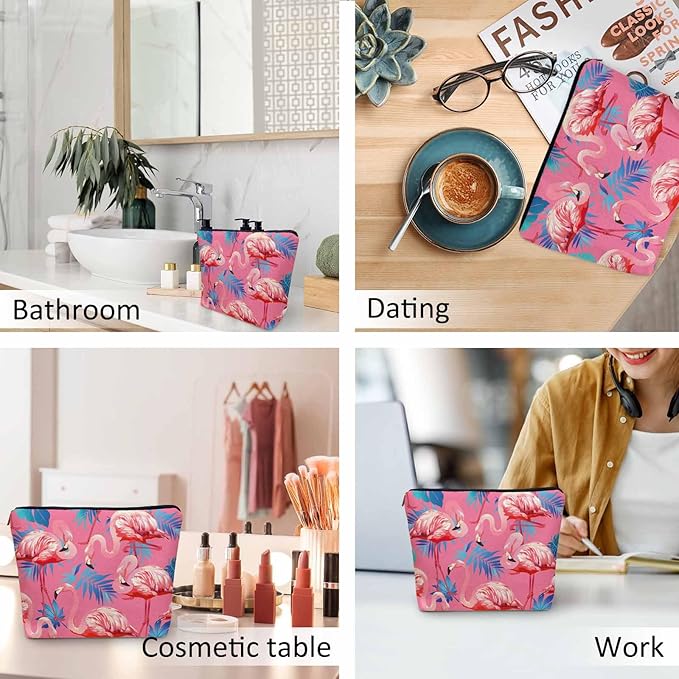 Kalygon Flamingo Makeup Bag For Women, Adorable Cosmetic Pouch With Tropical Leaves Palms Pattern, Pink Zipper Travel Toiletry Organizer For Gym and Bathroom