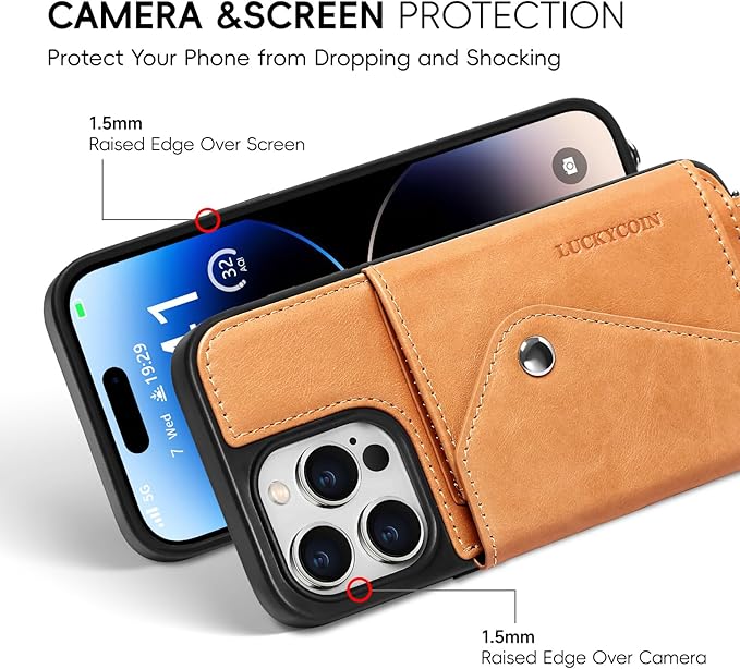 LUCKYCOIN Crossbody Phone Case for iPhone 14 Pro,100% Genuine Leather Phone Wallet Case for Women, Premium Hands-Free Phone Purse with Expandable Flip Card Holder & Adjustable Strap - Retro Tan