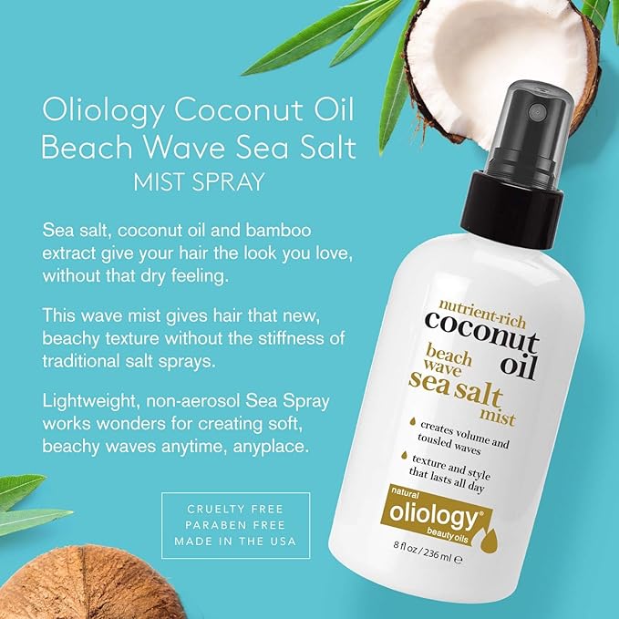 Oliology Coconut Oil Beach Wave Sea Salt Mist Spray - Light Mist Gives Hair Soft Beachy Waves Without Stiffness | Creates Volume | Long Lasting | & Paraben Free (8oz/2 Pack)