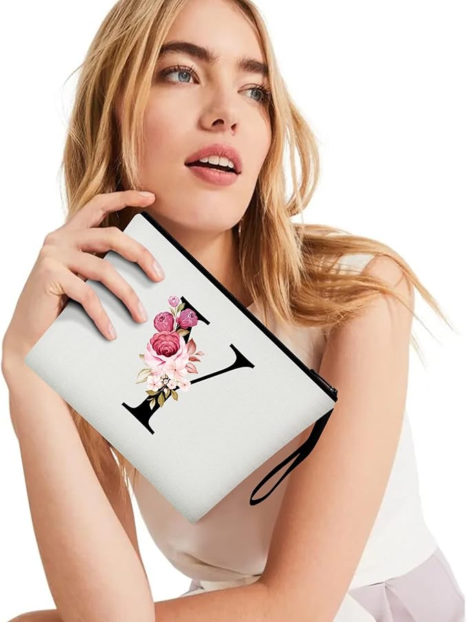 Vavabox A-Z Personalized Makeup Bag, Birthday Gifts for Women Mom, Gifts for Best Friend, Bride Bridesmaid Cosmetic bag (Y, 01-White)