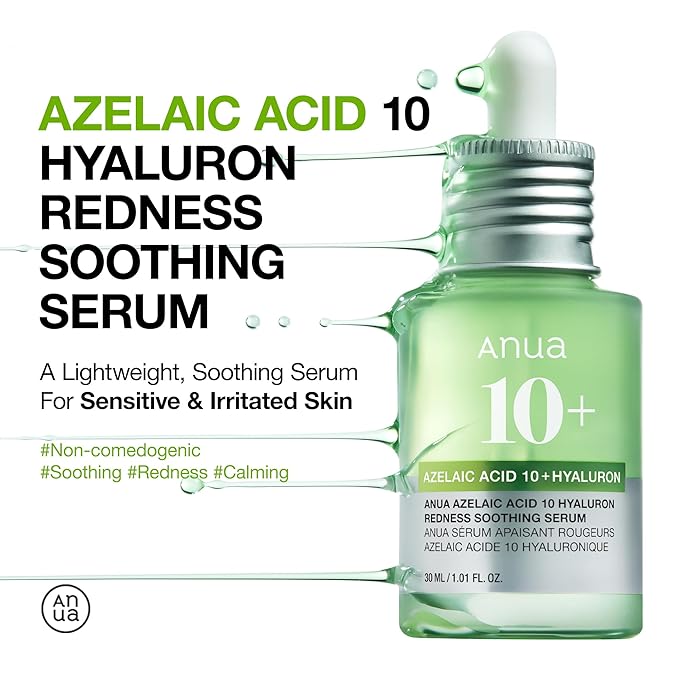 Anua Azelaic Acid 10 Hyaluron Redness Soothing Serum, Facial Serum for Blemish-Prone & Oily-Prone Skin, Lightweight & Hydrating Blemish Care, Hyaluronic Acid, Korean Skincare, 1.01 fl oz.