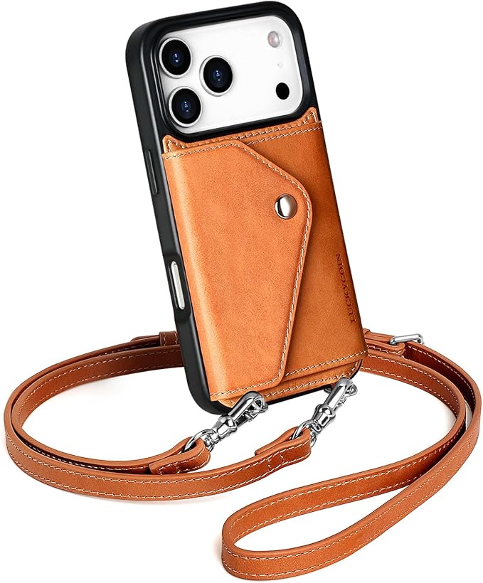 LUCKYCOIN Crossbody Phone Case for iPhone 17 Pro,100% Genuine Leather Phone Wallet Case for Women, Premium Hands-Free Phone Purse with Expandable Flip Card Holder & Adjustable Strap - Retro Brown