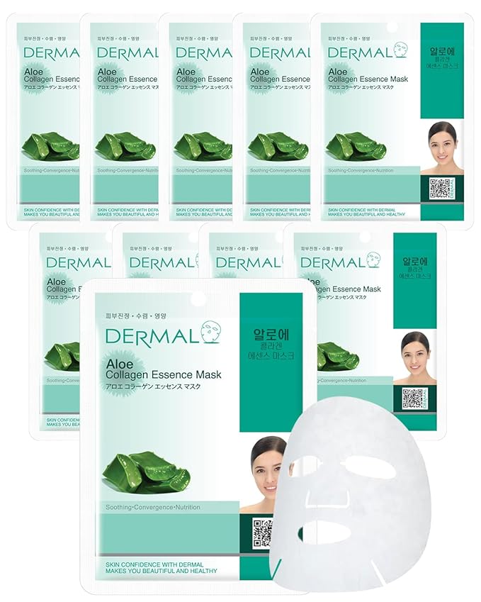 DERMAL Aloe Collagen Soothing Sheet Mask, Hydrating & Cooling, 10 Pack