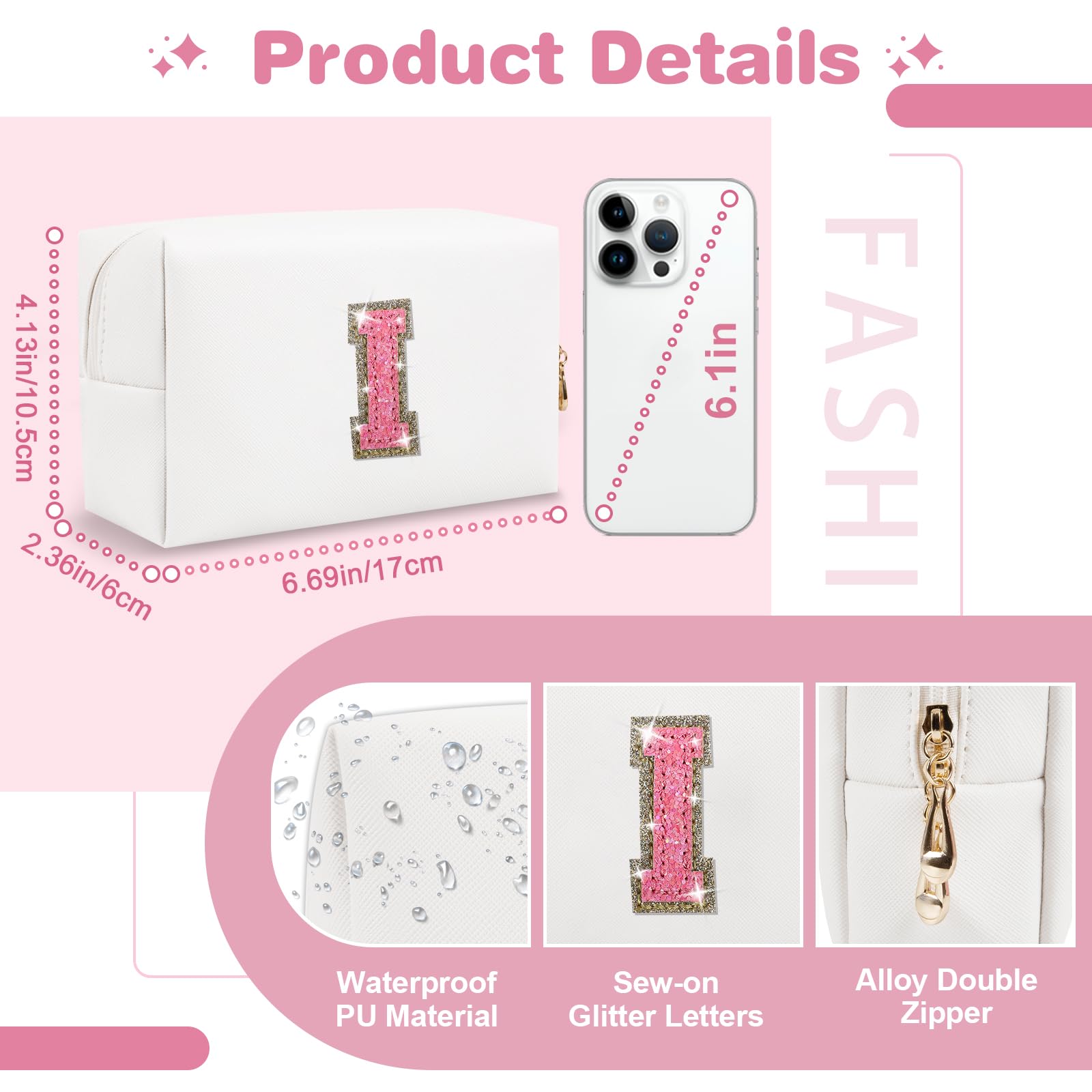 Small Initial Patch Makeup Bag Personalized Gifts Make Up Bag,White Cute PU Leather Glitter Letter Cosmetic Bag with Zipper,Trendy Portable Travel Toiletry Pouch,Preppy Stuff for Teen Girls Women I