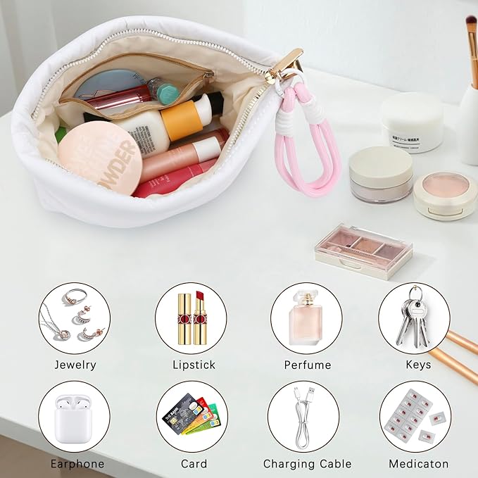 DOB SECHS Quilted Makeup Bag with Handle Detachable Cute Striped Puffy Cotton Cosmetic Bag for Women, Small Puffer Toiletry Zipper Make Up Pouch Clutch Bag Travel Organizer Storage Pouches Case, White