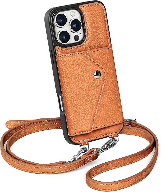 LUCKYCOIN Crossbody Phone Case for iPhone 16 Pro Max,100% Genuine Leather Phone Wallet Case for Women, Premium Hands-Free Phone Purse with Expandable Flip Card Holder & Adjustable Strap - Pebble Brown