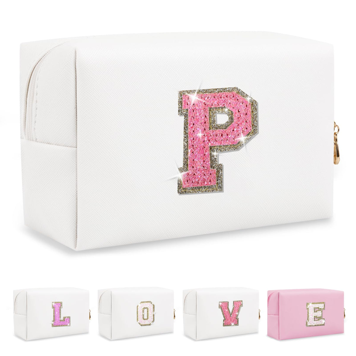 Personalized Initial A-Z Preppy Patch Makeup Bag,Small PU Chenille Letter Cosmetic Bag with Zipper for Teen Girls,Pink Cute Toiletry Organizer Bag,Monogram Makeup Case Gift for Women Girls,Letter P