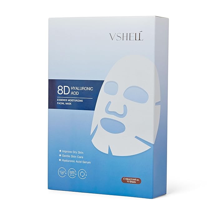 VSHELL Hyaluronic Acid Face Sheet Mask – Hydrating & Plumping Facial Mask for Dry Skin – Deep Moisturizing Skincare for Radiant Glass Skin Glow – Daily Use – 10 Pack