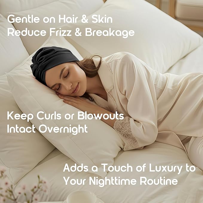 SYSERAN 100% Mulberry Silk Bonnet for Sleeping - Women Natural Curly Hair Night Cap Luxury Sleep Head Wrap with Elastic Band(Black)