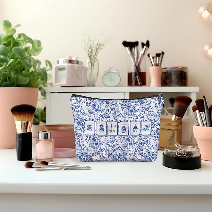 Zomhix Blue and White Chinoiserie Mahjong Makeup Bag, Mahjong Gifts for Women Cosmetic Bags, Gifts for Mah Jong Players Lovers Makeup Zipper Pouch