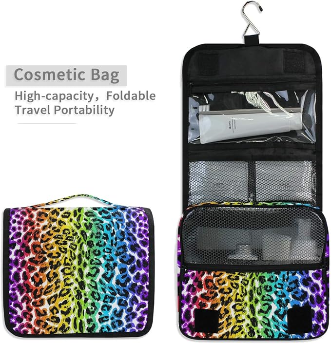 senya Hanging Travel Toiletry Bag Kit Makeup Case Cosmetics Organizer for Men Women (Rainbow Leopard Animal Print)